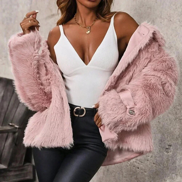 Coral Pink Women's Solid Open Front Fuzzy Coat - Picture 1 of 6